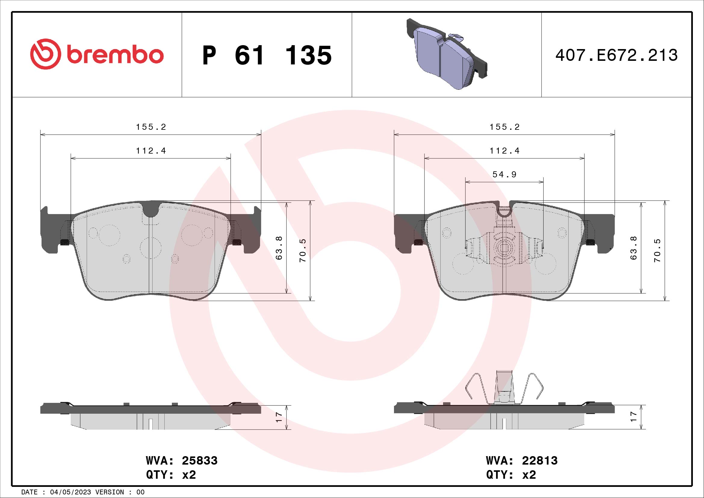 Placute frana OPEL GRANDLAND X Van 1.5 (75) diesel 131 cai BREMBO P 61 135