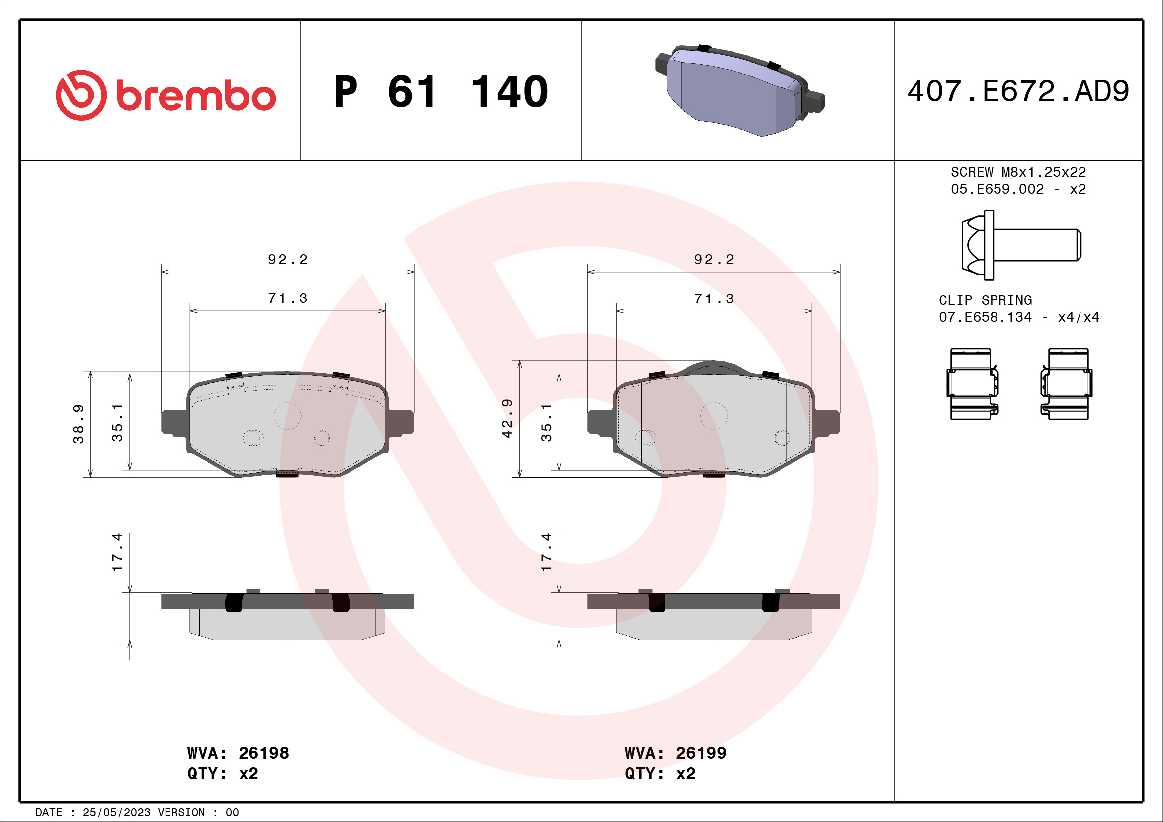 Placute frana OPEL MOKKA 1.2 (76) benzina 136 cai BREMBO P 61 140