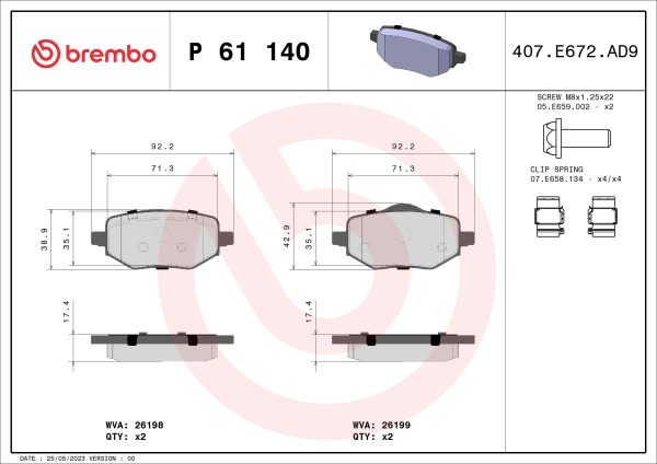 Placute frana OPEL MOKKA 1.2 (76) benzina 101 cai BREMBO P 61 140