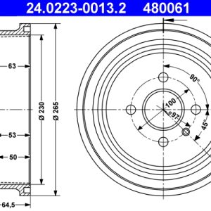 Tambur frana OPEL COMBO Autoutilitara/limuzina spatioasa 1.7 DI 16V diesel 65 cai ATE 24.0223-0013.2