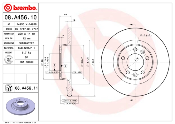 Disc frana PEUGEOT EXPERT platou / sasiu 2.0 16V (X_RFH) benzina 140 cai BREMBO 08.A456.11