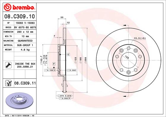 Disc frana PEUGEOT EXPERT platou / sasiu (V_) 2.0 BlueHDi 145 diesel 145 cai BREMBO 08.C309.11