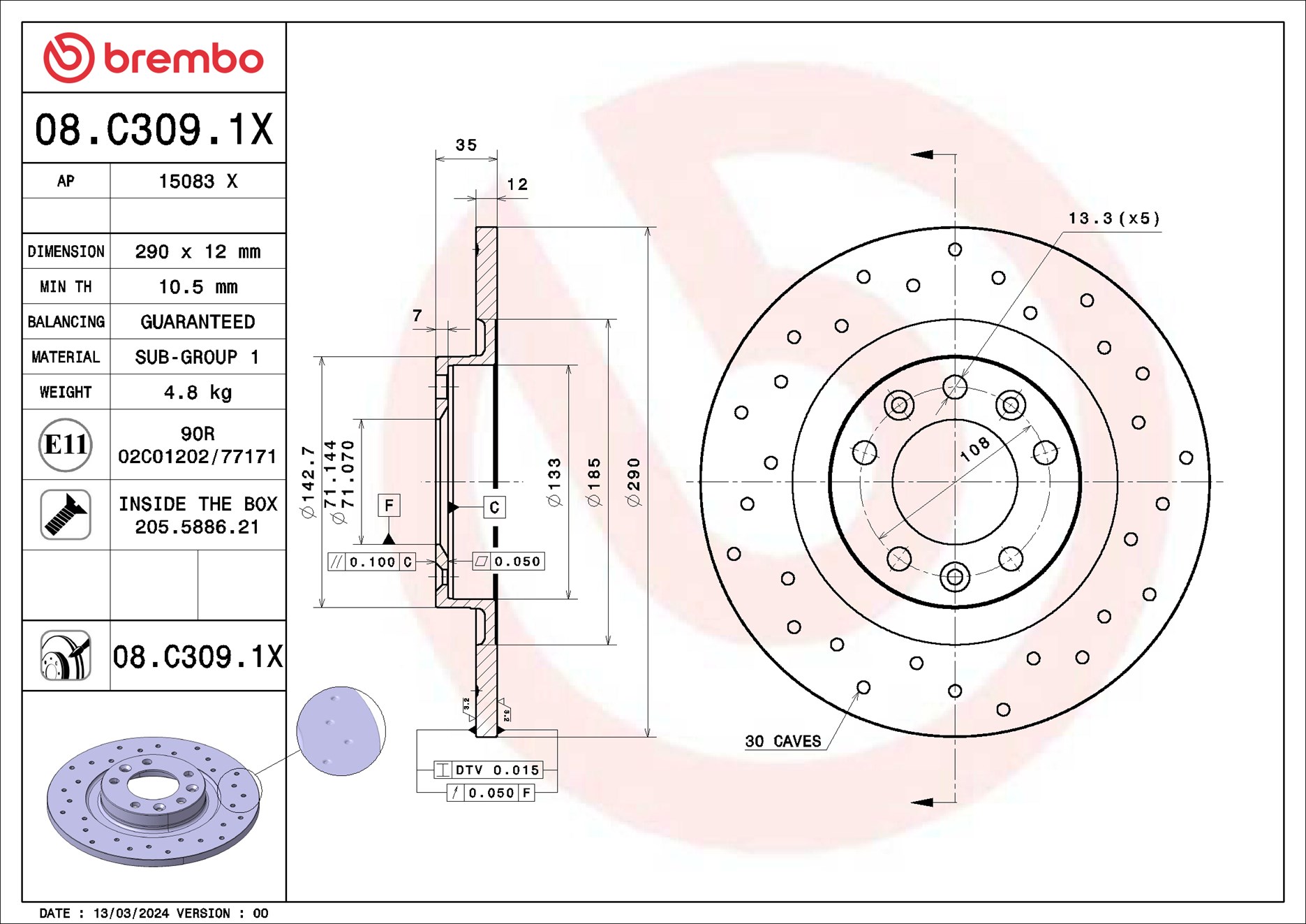 Disc frana PEUGEOT EXPERT caroserie (V_) E-EXPERT electric 136 cai BREMBO 08.C309.1X