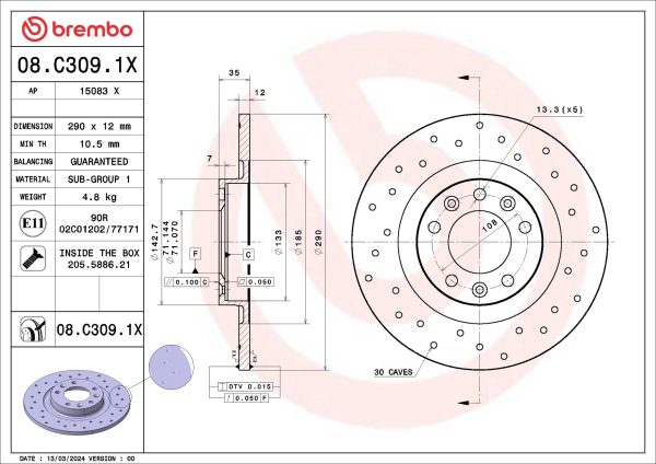 Disc frana PEUGEOT EXPERT bus (V_) 2.0 BlueHDi 145 diesel 144 cai BREMBO 08.C309.1X