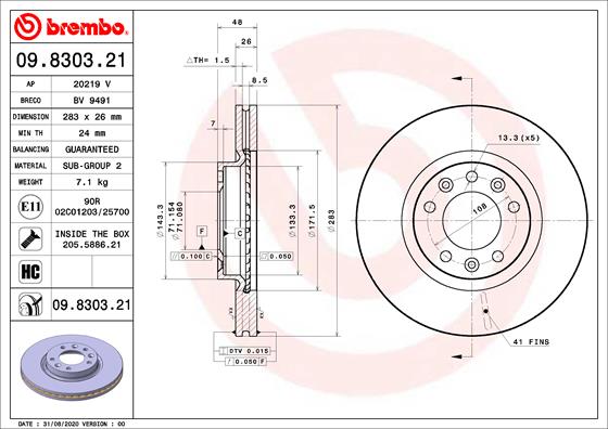 Disc frana PEUGEOT RIFTER e-Rifter electric 136 cai BREMBO 09.8303.21