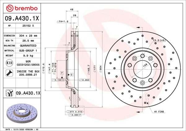 Disc frana PEUGEOT EXPERT TEPEE (VF3X_) 2.0 HDi 120 4x4 diesel 120 cai BREMBO 09.A430.1X