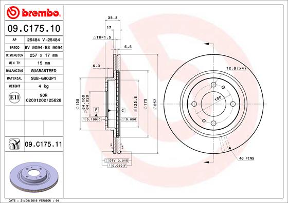 Disc frana PEUGEOT ION Electric electric 48 cai BREMBO 09.C175.11