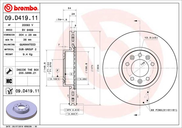 Disc frana PEUGEOT EXPERT bus (V_) 2.0 BlueHDi 145 diesel 144 cai BREMBO 09.D419.11