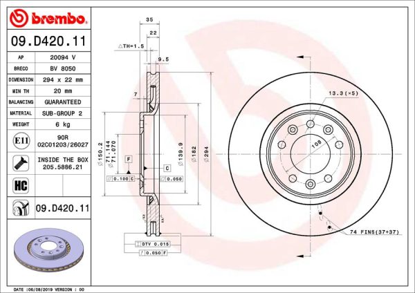 Disc frana PEUGEOT EXPERT bus (V_) 2.0 BlueHDi 145 diesel 144 cai BREMBO 09.D420.11
