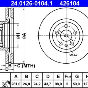 Disc frana PEUGEOT EXPERT caroserie (222) 1.9 D diesel 70 cai ATE 24.0126-0104.1