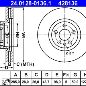 Disc frana PEUGEOT EXPERT caroserie (222) 1.9 D diesel 70 cai ATE 24.0128-0136.1