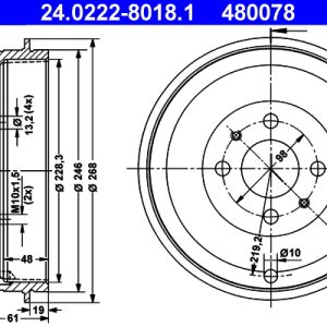 Tambur frana PEUGEOT BIPPER (AA_) 1.3 HDi 80 / BlueHDi 80 diesel 80 cai ATE 24.0222-8018.1