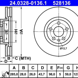 Disc frana PEUGEOT EXPERT caroserie (222) 1.9 D diesel 70 cai ATE 24.0328-0136.1