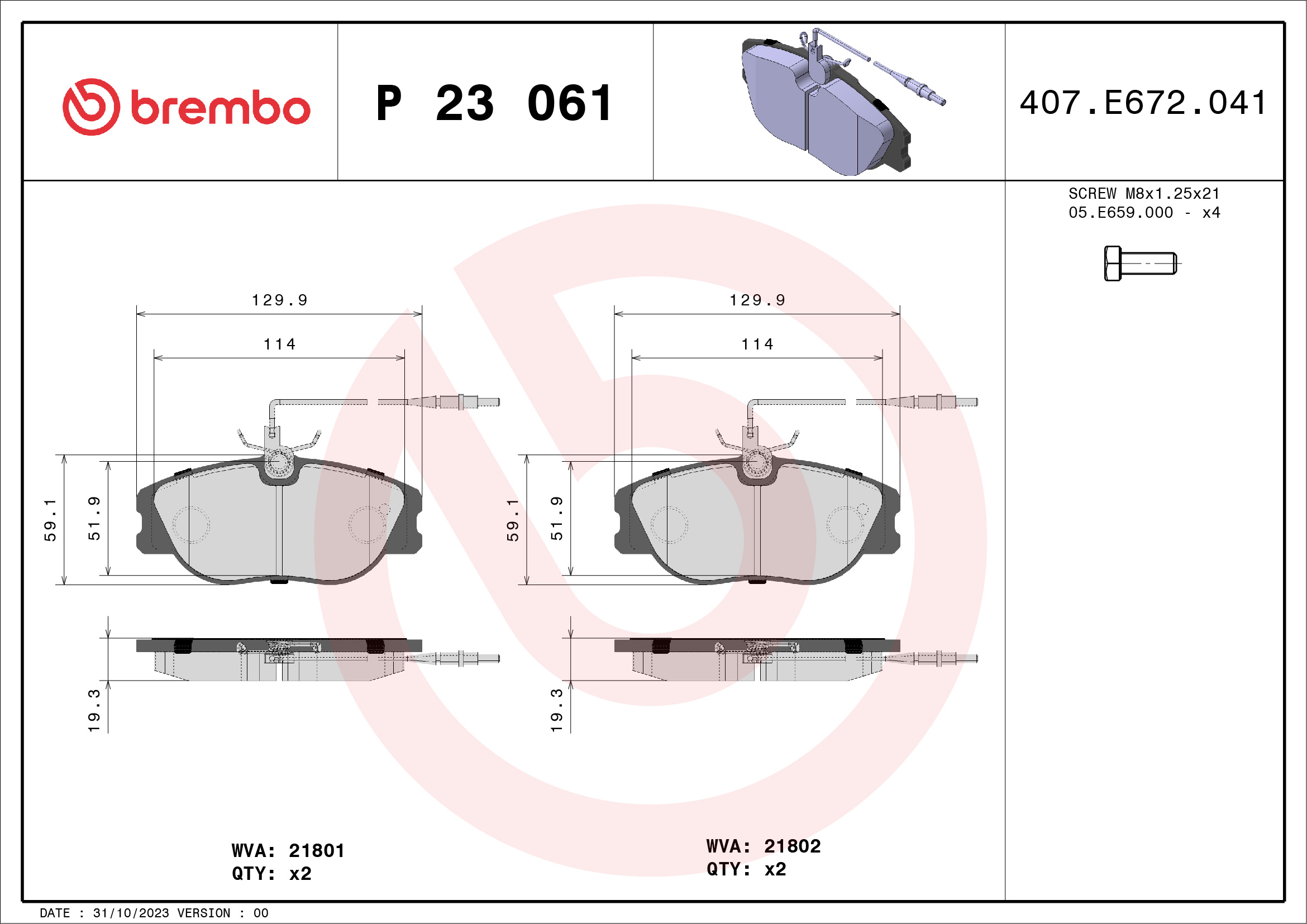 Placute frana PEUGEOT EXPERT (224_) 1.9 D diesel 70 cai BREMBO P 23 061