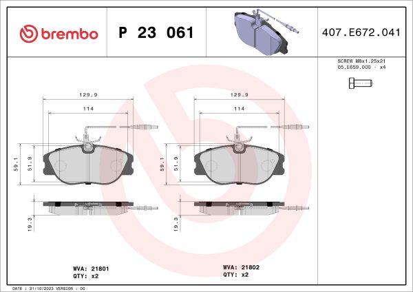 Placute frana PEUGEOT EXPERT (224_) 1.9 TD diesel 90 cai BREMBO P 23 061