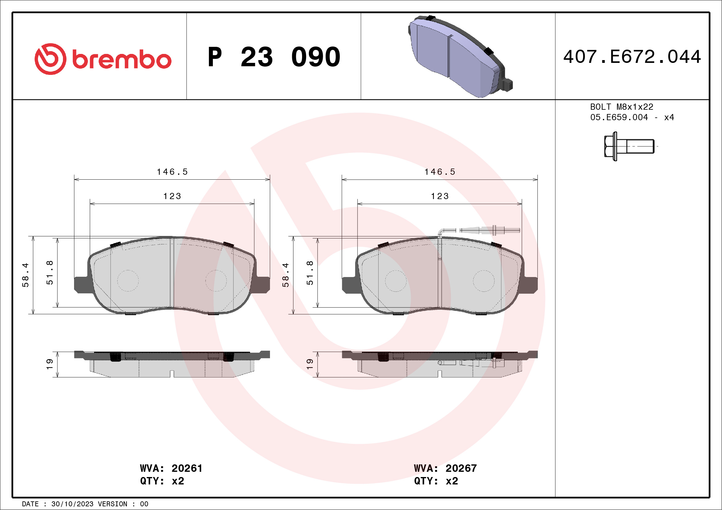 Placute frana PEUGEOT EXPERT caroserie (222) 1.9 TD diesel 92 cai BREMBO P 23 090