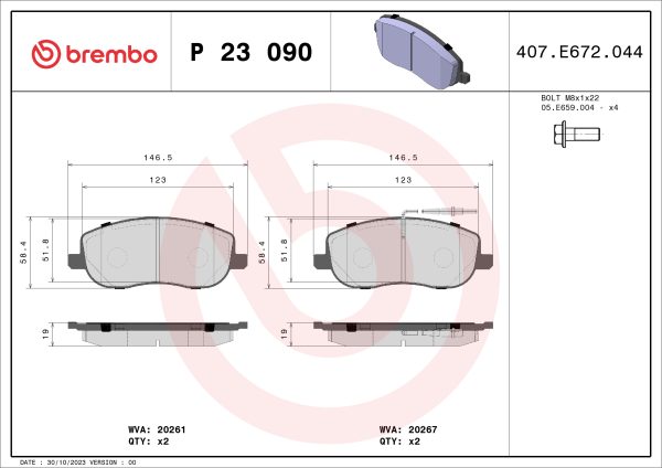 Placute frana PEUGEOT EXPERT platou / sasiu (223) 2.0 HDI diesel 109 cai BREMBO P 23 090