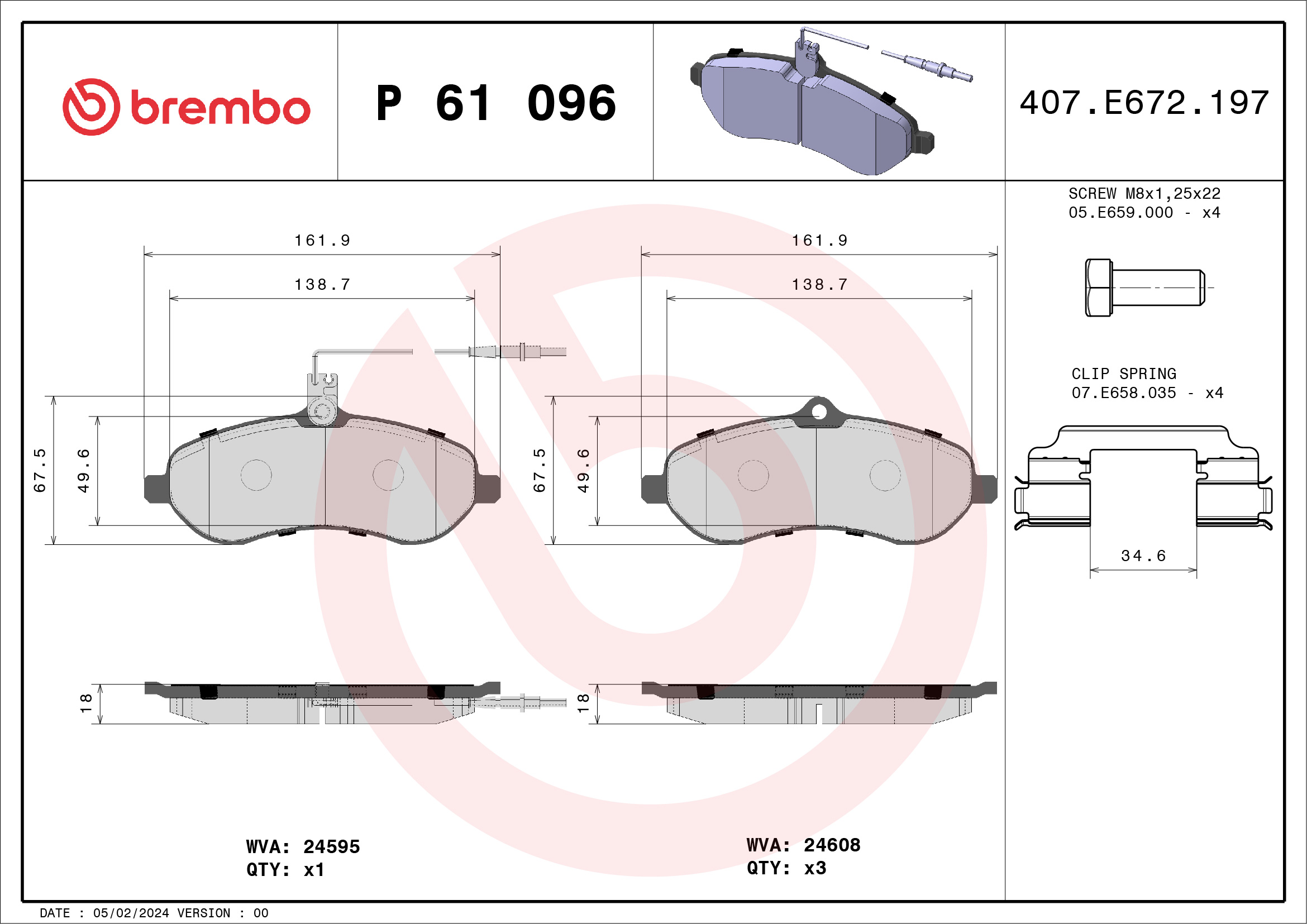 Placute frana PEUGEOT EXPERT caroserie (VF3A_, VF3U_, VF3X_) 2.0 HDi 100 diesel 98 cai BREMBO P 61 096