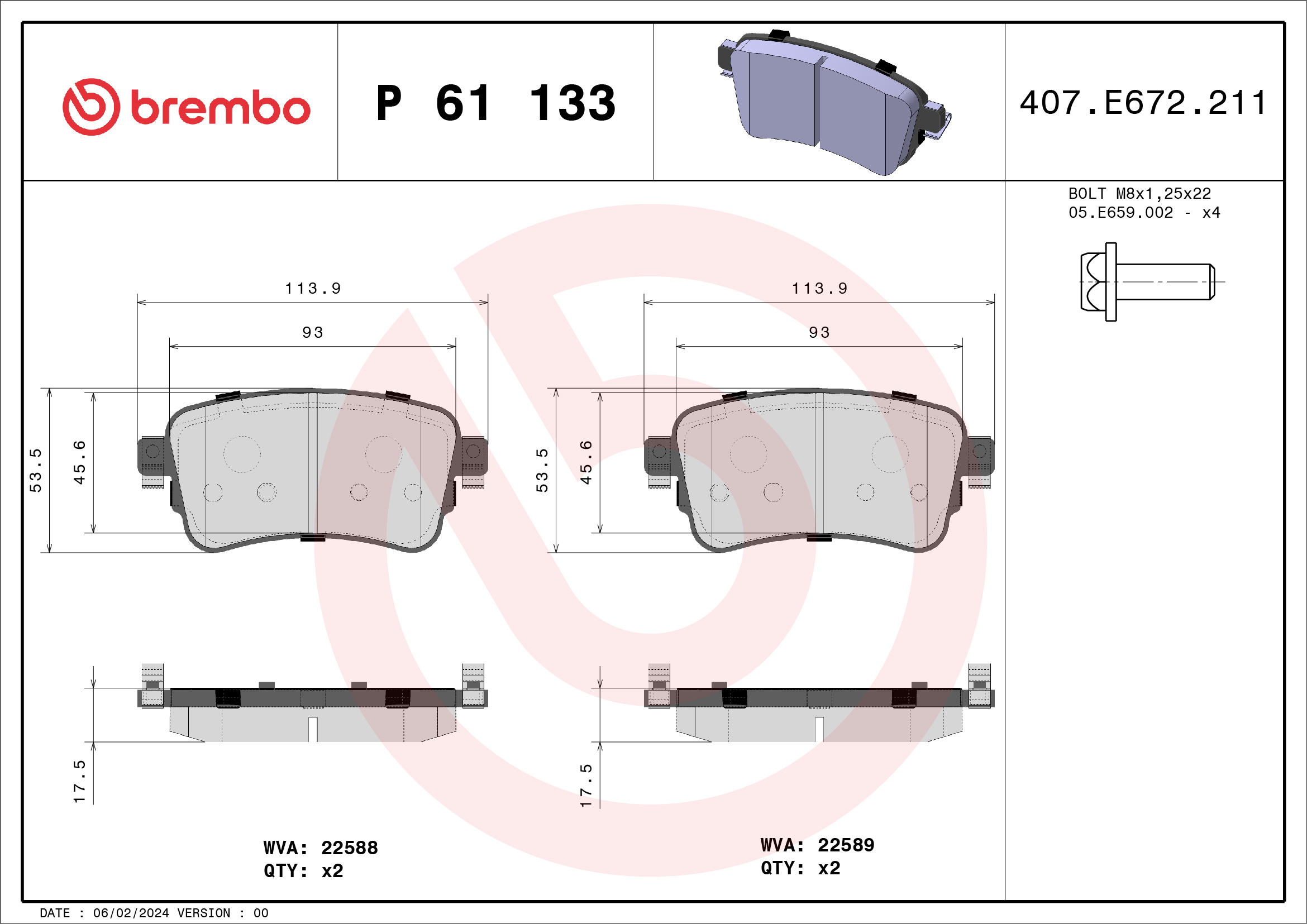 Placute frana PEUGEOT EXPERT bus (V_) 1.5 BlueHDi 120 diesel 120 cai BREMBO P 61 133