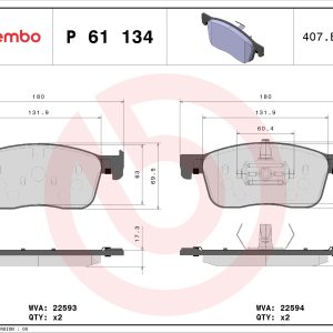 Placute frana PEUGEOT EXPERT platou / sasiu (V_) 2.0 BlueHDi 150 diesel 150 cai BREMBO P 61 134