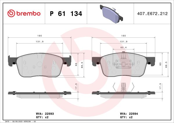 Placute frana PEUGEOT EXPERT bus (V_) E-EXPERT electric 136 cai BREMBO P 61 134