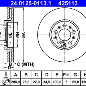 Disc frana SKODA RAPID Spaceback (NH1) 1.6 TDI diesel 105 cai ATE 24.0125-0113.1