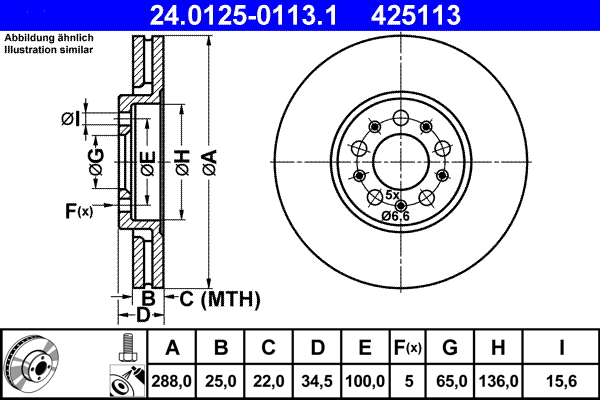 Disc frana SKODA RAPID Spaceback (NH1) 1.6 TDI diesel 105 cai ATE 24.0125-0113.1