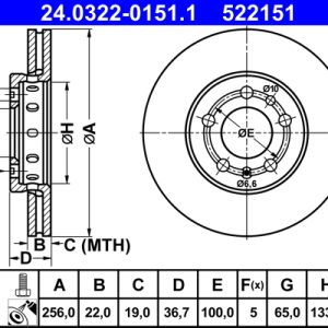 Disc frana SKODA RAPID Spaceback (NH1) 1.6 TDI diesel 105 cai ATE 24.0322-0151.1