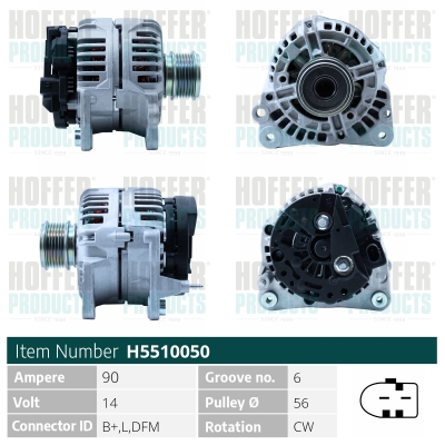 Alternator SKODA ROOMSTER (5J7) 1.9 TDI diesel 105 cai HOFFER H5510050