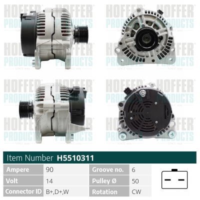 Alternator SKODA ROOMSTER (5J7) 1.9 TDI diesel 105 cai HOFFER H5510311
