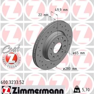 Disc frana SKODA YETI (5L) 1.2 TSI benzina 110 cai ZIMMERMANN 600.3233.52