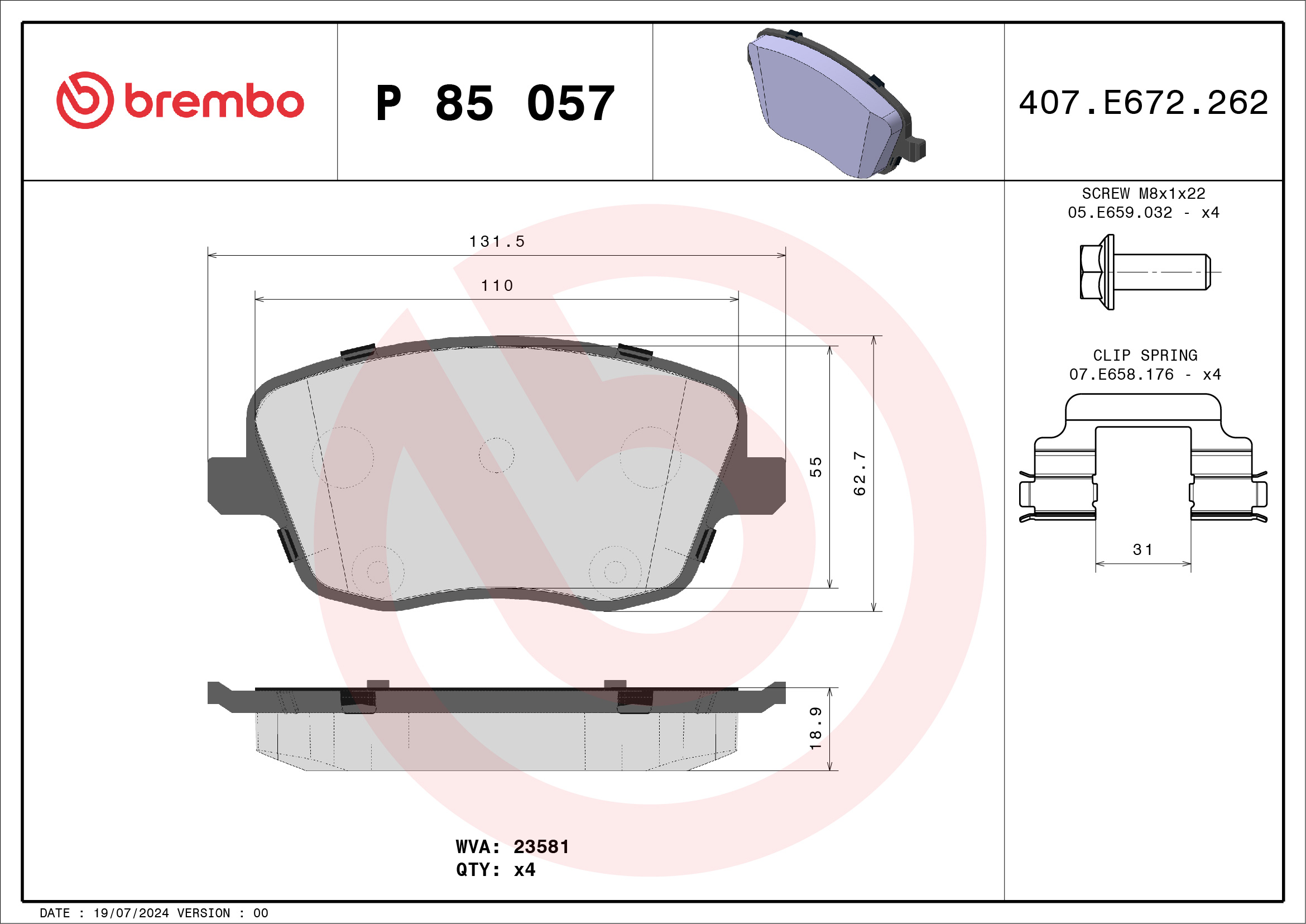 Placute frana SKODA ROOMSTER (5J7) 1.9 TDI diesel 101 cai BREMBO P 85 057