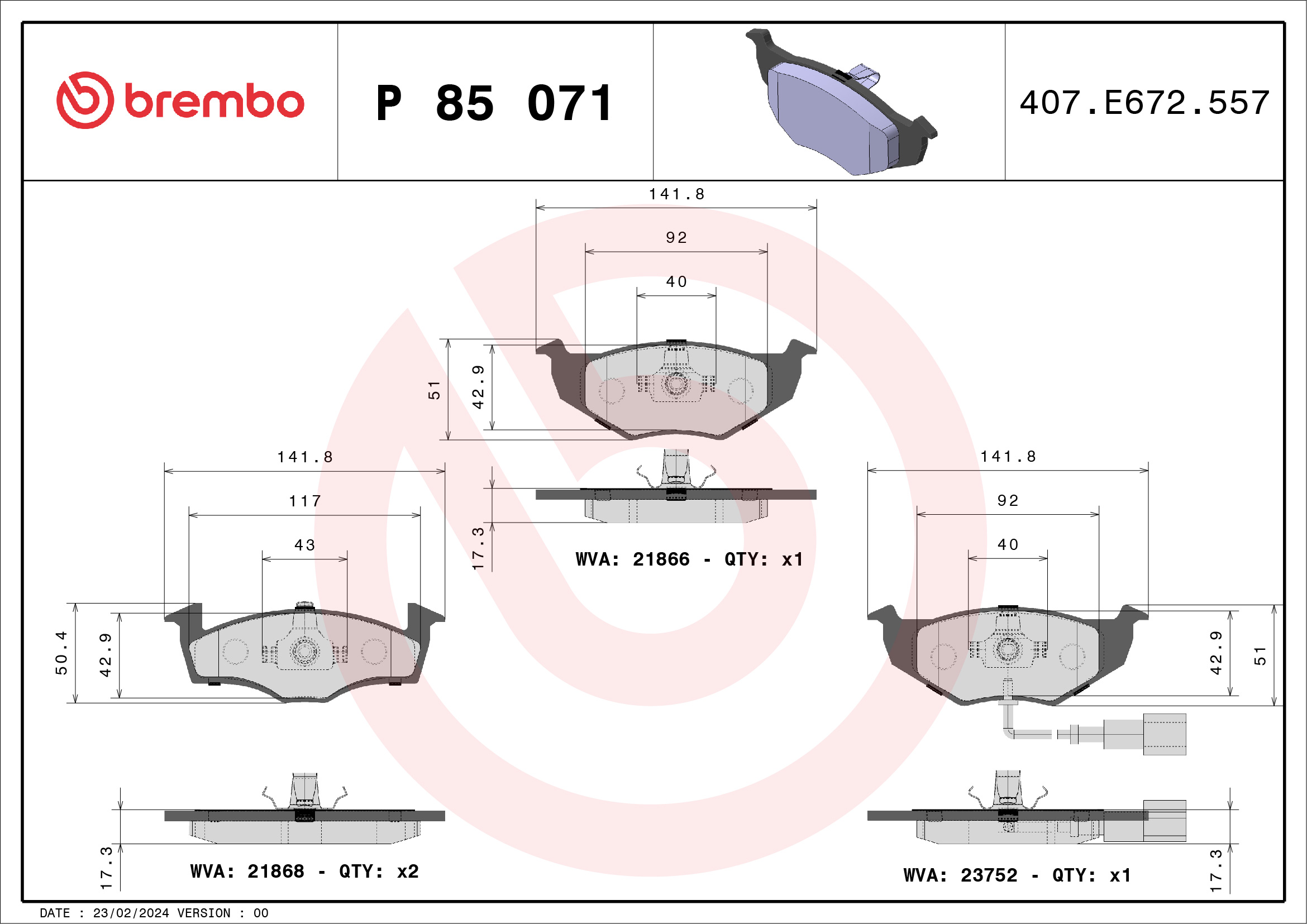 Placute frana SKODA ROOMSTER Praktik (5J) 1.4 TDI diesel 70 cai BREMBO P 85 071