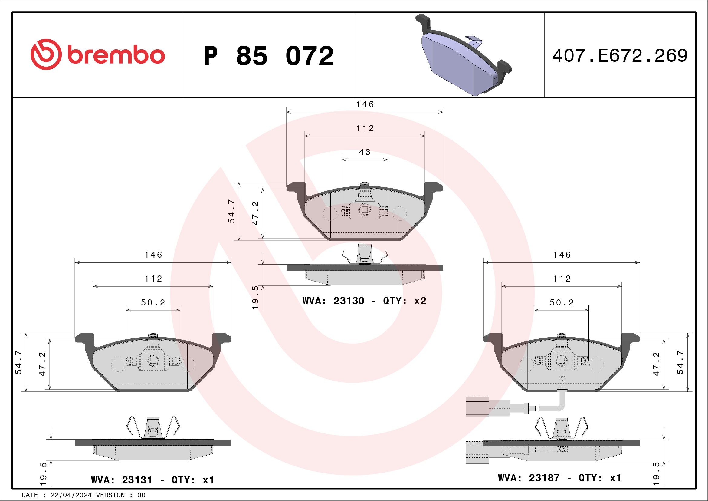 Placute frana SKODA YETI (5L) 2.0 TDI diesel 150 cai BREMBO P 85 072X