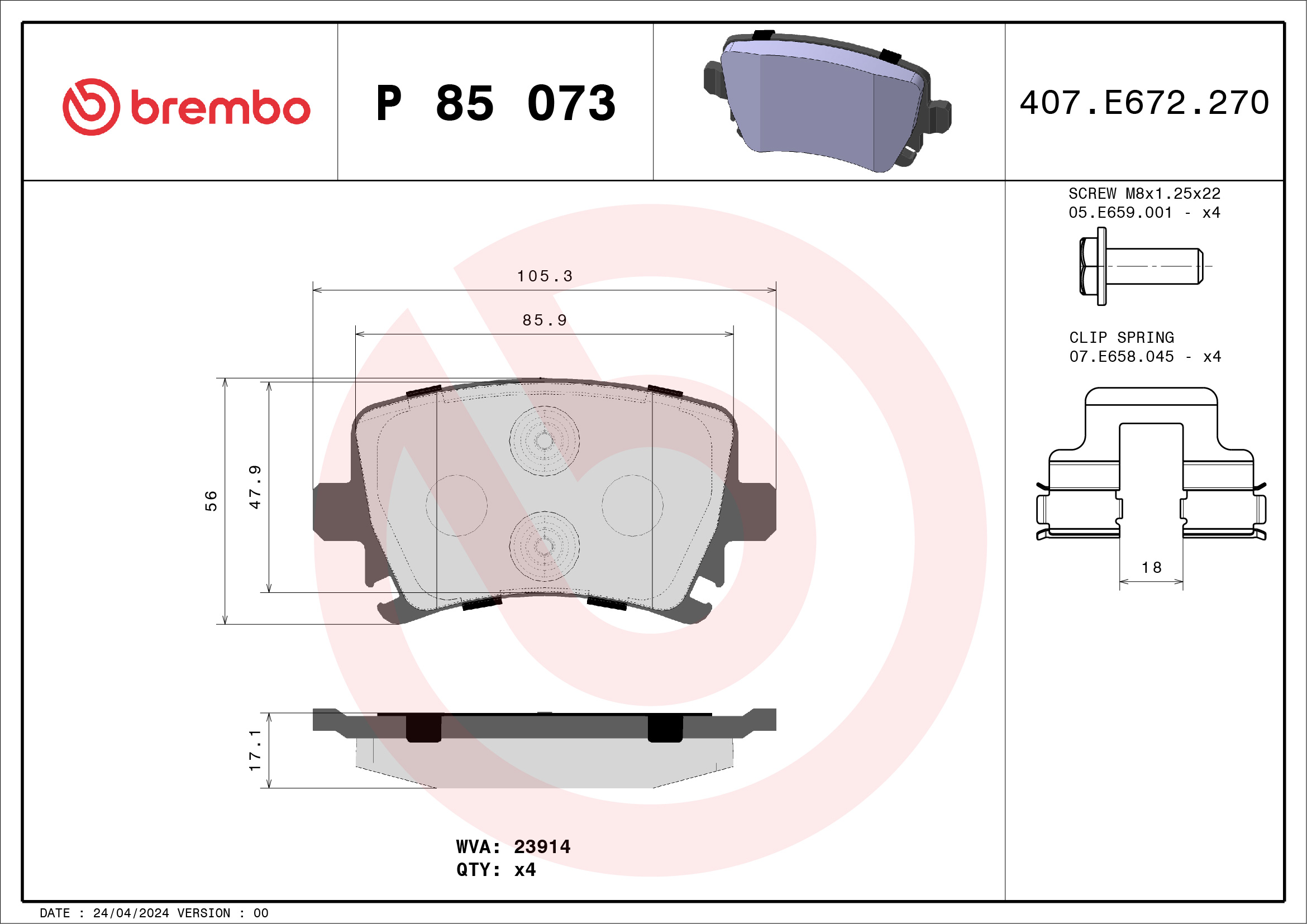 Placute frana SKODA YETI (5L) 1.6 TDI diesel 105 cai BREMBO P 85 073X
