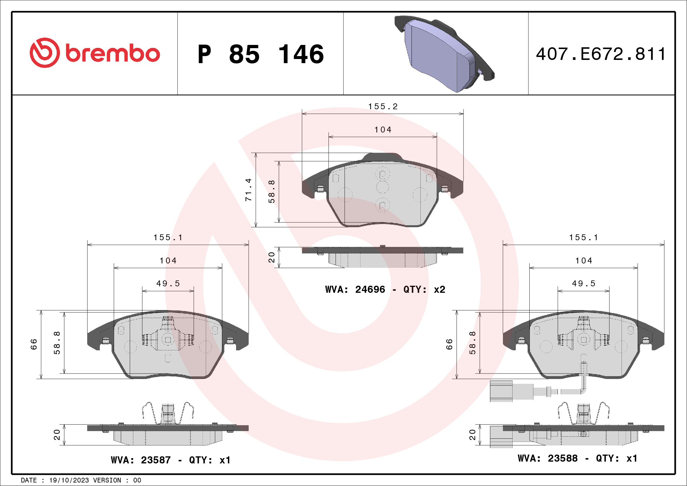 Placute frana SKODA YETI (5L) 1.8 TSI 4x4 benzina 152 cai BREMBO P 85 146X