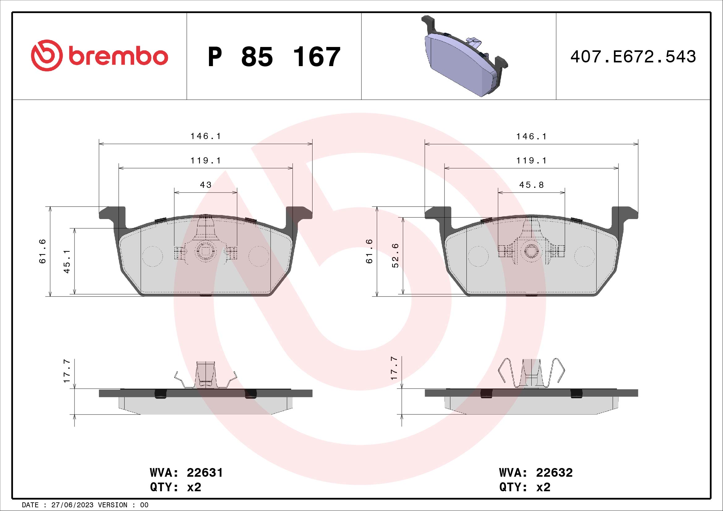Placute frana SKODA SCALA (NW1) 1.5 TSI benzina 150 cai BREMBO P 85 167