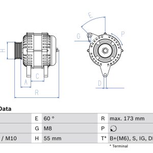 Alternator TOYOTA AVENSIS limuzina (_T25_) 1.8 VVT-i (ZZT251_, ZZT251R) benzina 129 cai BOSCH 0 986 046 110