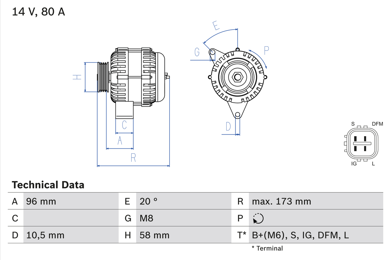 Alternator TOYOTA HILUX VII pick-up (_N1_, _N2_, _N3_) 2.5 D-4D (KUN15, KUN10) diesel 102 cai BOSCH 0 986 082 040