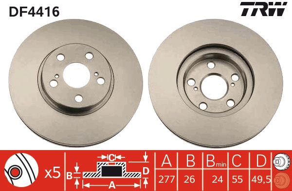 Disc frana TOYOTA AVENSIS limuzina (_T25_) 2.4 VVT-i (AZT251_, AZT251R) benzina 163 cai TRW DF4416