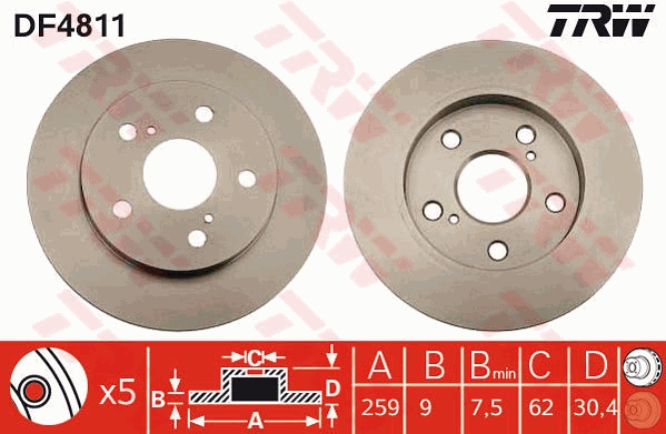 Disc frana TOYOTA AURIS (_E15_) 1.33 Dual-VVTi (NRE150_, NRE150R) benzina 101 cai TRW DF4811
