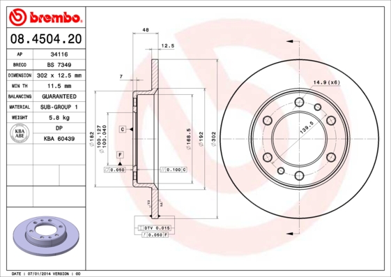 Disc frana TOYOTA HILUX IV pick-up (_N5_, _N6_) 2.4 D 4WD (LN65) diesel 75 cai BREMBO 08.4504.20