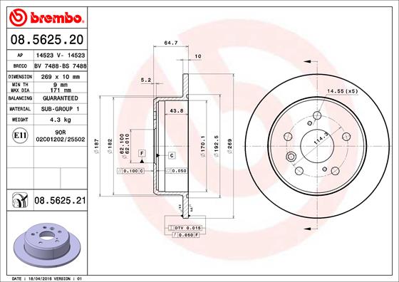 Disc frana TOYOTA CAMRY combi (_V1_) 2.2 (SXV10_, SXV10R) benzina 136 cai BREMBO 08.5625.21