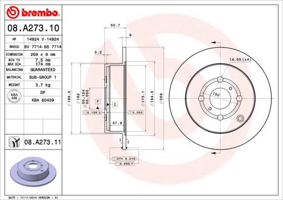 Disc frana TOYOTA COROLLA (_E12_) 1.8 VVTL-i TS (ZZE123) benzina 192 cai BREMBO 08.A273.11
