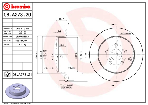 Disc frana TOYOTA PRIUS Liftback (_W2_) 1.5 Hybrid (NHW20_, NHW20R) benzina/elector 112 cai BREMBO 08.A273.21