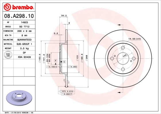Disc frana TOYOTA COROLLA Compact (_E11_) 1.6 Aut. (AE111_, AE111R) benzina 107 cai BREMBO 08.A298.10