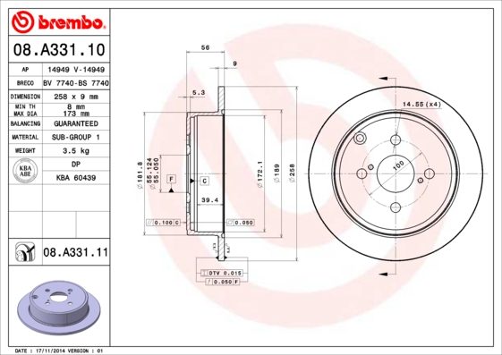 Disc frana TOYOTA COROLLA combi (_E12_) 1.6 VVT-i (ZZE121_, ZZE121R) benzina 110 cai BREMBO 08.A331.11
