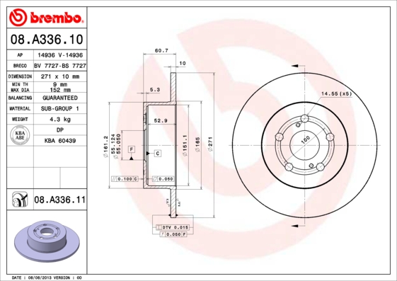Disc frana TOYOTA AVENSIS Liftback (_T22_) 2.0 D (CDT220_) diesel 115 cai BREMBO 08.A336.11