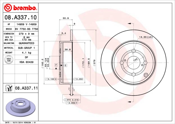 Disc frana TOYOTA COROLLA (_E12_) 1.8 VVTL-i TS (ZZE123) benzina 192 cai BREMBO 08.A337.11
