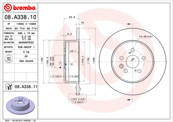 Disc frana TOYOTA AVENSIS (_T22_) 2.0 D (CT220_) diesel 83 cai BREMBO 08.A338.11